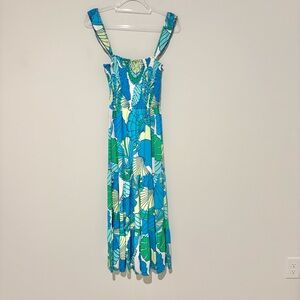 Tori Richard Honolulu tiered smocked Tropical maxi dress Blue and Green large